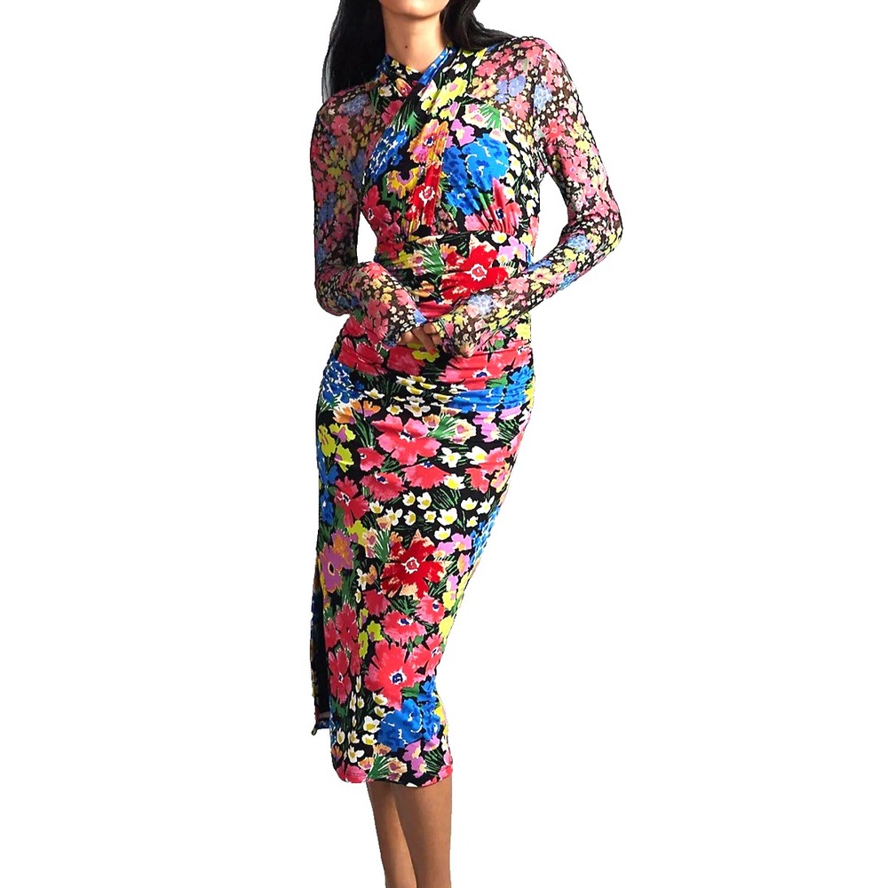 Anthropologie Mesh Halter Mock Neck Dress Size M Colorful Floral Ruching Bodycon